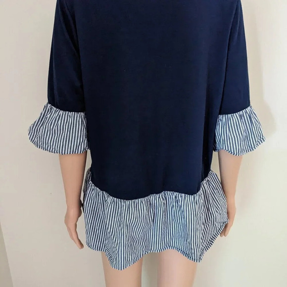 Pleione Stripe Bell Sleeves Blouse Size M Peplum Navy‎ Blue is Casual - Picture 8 of 8